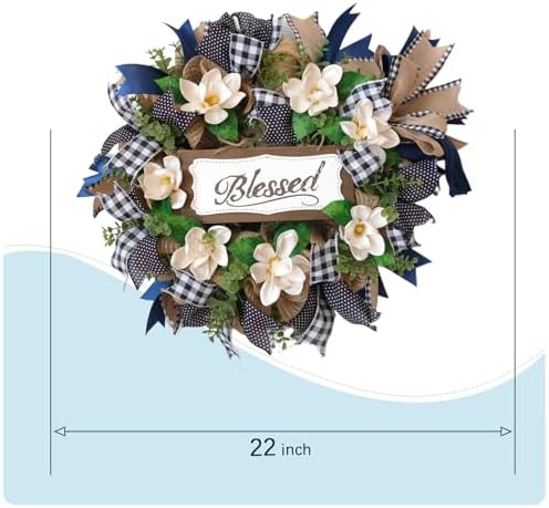 22 Inch Spring Wreath Blessed Magnolia Wreath with Buffalo Check and Burlap Ribbon - Farmhouse Front Door Wreaths Decor for All Seasons - Rustic Home Wall Porch Decor - Image 3