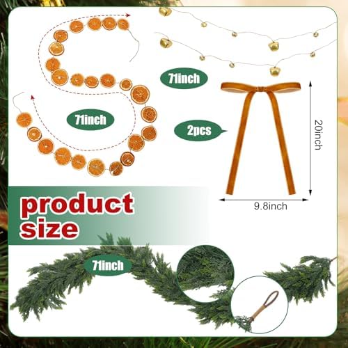 Daifunli 6FT Christmas Cedar Garland with Dried Orange Slices, Bells, Bows - Image 2