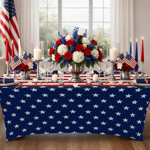 Frienda 2 Pcs Veterans Day Tablecloth 6ft Patriotic Stretch Table Covers - Image 2