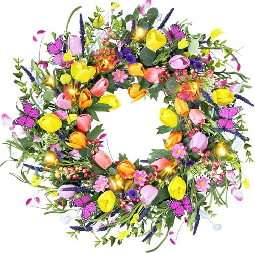 24 Inch Spring & Summer Artificial LED Tulip Wreath with LED Lights, Multicolor, for Easter, Holidays & Celebrations by cacise