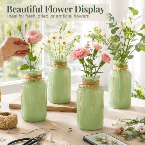 TBWIND Mason Jar Vases for Centerpieces, 12PCS Mint Green Glass Flower Vase - Image 6