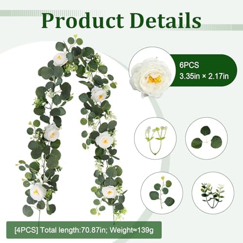 4-Pack Artificial Eucalyptus Garland with Flowers, Total 23.6FT 24 White Roses Baby's Breath Garland Floral Greenery for Wedding Party Centerpiece Table Runner Backdrop Wall Decor - Image 2