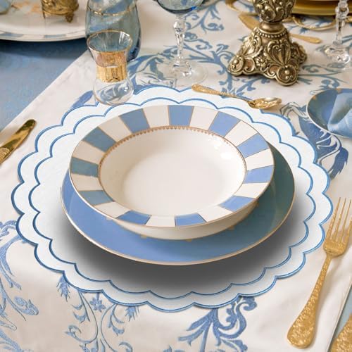 Set of 8 Cotton Linen Placemats, 15x15 Scalloped Flower Embroidery Cloth Table Mats Double Layered Fabric Machine Washable Wrinkle Free Dining Placemat for Restaurant Kitchen Decor, White with Blue - Image 3