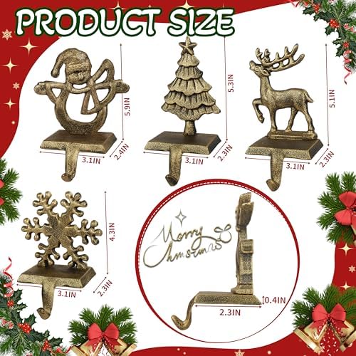 OCTERIC 4Pcs Stocking Holders, Reindeer Snowman Snowflake Christmas Tree Metal Mantel Hooks, Anti-Slip Heavy Duty Solid Cast Iron Mantle Hangers Xmas Décor for Fireplace Holiday Indoor Decoration - Image 2