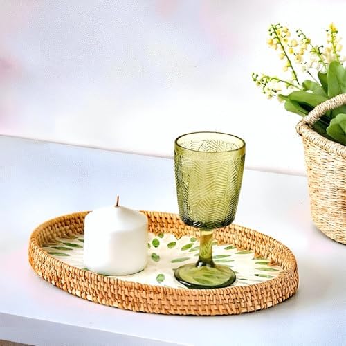 i-lan Set of 3 Green Mother of Pearl Inlay Rattan Trays - Oval Handwoven Decorative Nesting Trays for Coffee Table & Ottoman - 13/12/11 Inch Emerald Green Woven Platters for Boho Home Decor & Wall Art - Image 4