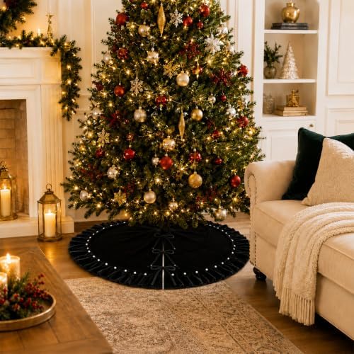 Black Velvet Christmas Tree Skirt with Ruffled Edge&Pearl,60" - Image 3