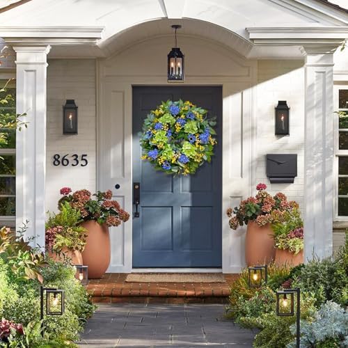 Spring Wreaths for Front Door 24 Inch Summer Wreath with Lifelike Blue Hydrangea Gerbera and Daisy, Wreath Decor for Indoor or Outdoor Spring and Summer Wreaths for Front Door Outside - Image 2