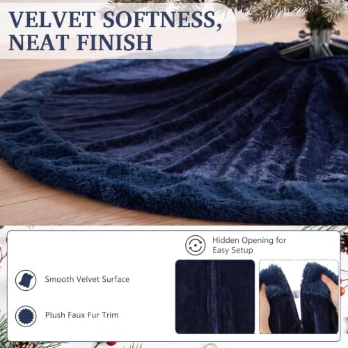 Skylety 48" Velvet Christmas Tree Skirt with Faux Fur Trim,Navy Blue - Image 4