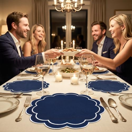 Whaline Dark Blue Linen Placemats Embroidered Round Scalloped Kitchen Table Mats for Party Home Dining Table Decor, Set of 6, 15 x 15 in - Image 7