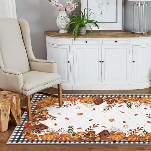 Artoid Mode Buffalo Plaid Pumpkins Mushrooms Birdhouse Fall Area Rug 3x5 Feet - Image 4