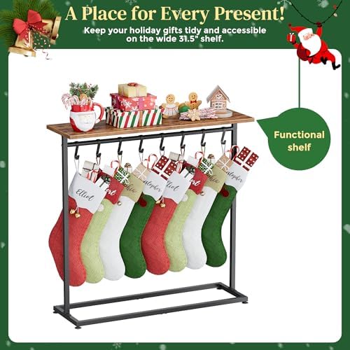 LAND·VOI 2-in-1 Woodtop Christmas Stocking Holder, Free Standing Display Shelf for Gifts & Treats, Stocking Stand with 8 Removable Hooks, Stable Base & Adjustable Feet, Black and Rustic - Image 2