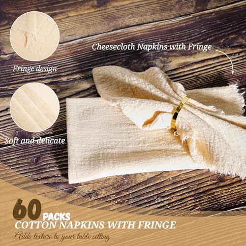 Pesonlook 60 Pcs Beige Cotton Linen Napkins with Fringe, 16x16 Inches - Image 4