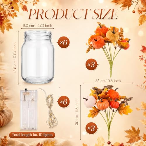 6 Set Fall Mason Jar Centerpiece Table Decor for Dining Room Thanksgiving Flowers Farmhouse Coffee Table Decor with Pumpkin Bouquets and String Light for Kitchen Living Room Wedding Home - Image 5