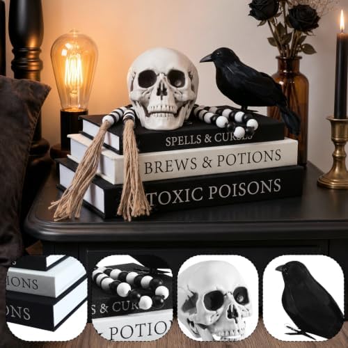 Pinkunn 6 Pcs Halloween Decorative Book with Skull Raven Bead Garland - Image 5