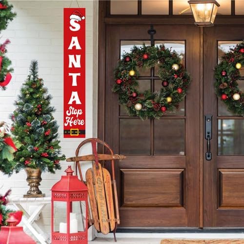 SRongmao Santa Stop Here Porch Sign Christmas Front Door Hanging Decorations 8x63inch Vertical Wooden Indoor Outdoor Standing Signs For Home Yard Farmhouse Holiday Decor - Image 5