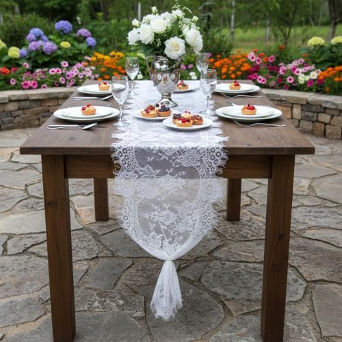 12 Pack White Lace Table Runners 14 x 120 Inch White Rustic Lace Fabric Table Runners with Rose Embroidered Floral Vintage Table-Runner for Party Wedding Bridal Shower Decorations - Image 7