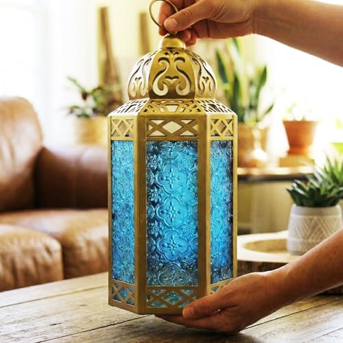 VELA LANTERNS 12" Metal Moroccan Decorative Candle Lantern Holders for Hanging or Table, Indoor Home Decor, Outdoor Patio or Porch, Weddings, Gold, Blue Glass, Large, Set of 2 - Image 6