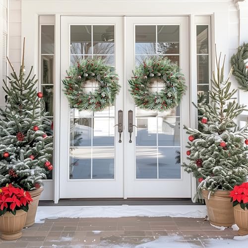 24 Inch Snow Flocked Christmas Wreath with Pine Cones & Red Berries - Image 6