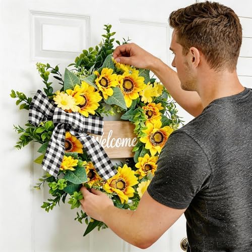 Garvee 20 Inch Sunflower Wreath with Welcome Sign, Spring Summer Wreaths for Front Door with Yellow Blooms and Buffalo Plaid Bow, for Farmhouse Porch Window Wall Home Decor - Image 4
