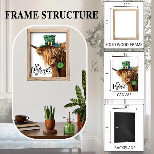 YPY Highland Cow St. Patrick's Day Decorations Farmhouse Cow Pictures Wall Decor Canvas Art With 7 Interchangeable Holiday Sayings, Rustic Wood Frame Artwork for Home Indoor Country Wall Art 11"x16" - Image 3