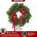 Pinkpuii Pre-Lit Christmas Wreaths for Front Door 24 Inch Christmas Wreath with Lights,Large Winter Wreath with Cardinal Birds,Poinsettia,Green Evergreen Pine Needles Red Berries Holiday Wreath Decor - Image 4