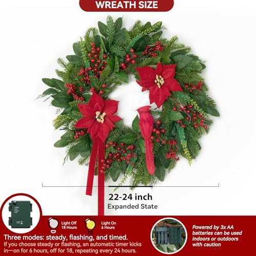Pinkpuii Pre-Lit Christmas Wreaths for Front Door 24 Inch Christmas Wreath with Lights,Large Winter Wreath with Cardinal Birds,Poinsettia,Green Evergreen Pine Needles Red Berries Holiday Wreath Decor - Image 4