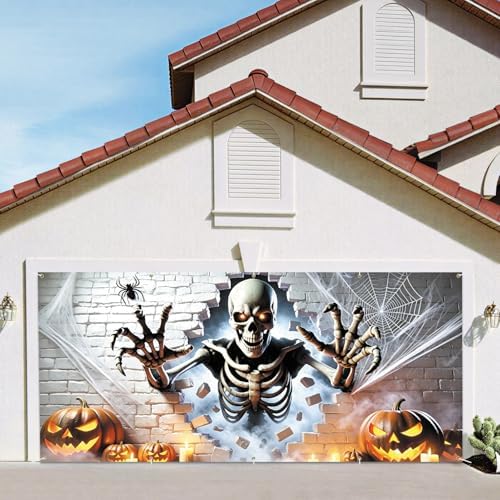 7x16FT Skeleton Break Wall Halloween Garage Door Banner Skeleton Pumpkin Spider Happy Hallowen Garage Door Cover Decoration for Hallowen Decoration - Image 7