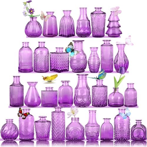 Mini Glass Bud Vases,Versatile Small Bud vases for Home and Wedding Decor, Exquisite Bridal Shower Table Centerpieces,Aromatherapy Bottles,Candle Holder, Ideal of Gifts(Pack of 30,Purple) by earthgadgets