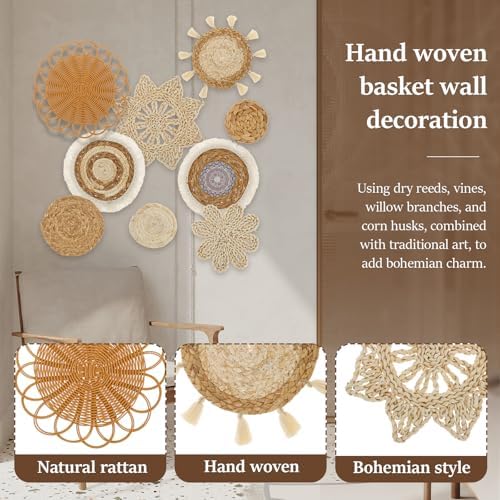 9 Pcs Boho Wall Basket Decor, Rattan Wicker Boho Wall Decor, Hanging Woven Basket Wall Decor, Round Handmade Wall Art for Living Room Bedroom Display Table Settings Home Christmas Decoration (Wood) - Image 4