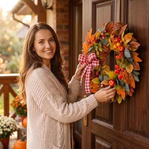 24" Fall Apple Wreath for Front Door, Eucalyptus Leaves Harvest Decor - Image 6