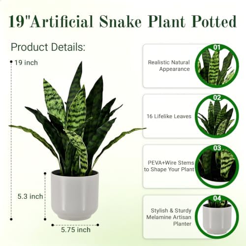 Fake Snake-19”tall Artificial Indoor Potted Plant for Home Decor-Green - Image 2
