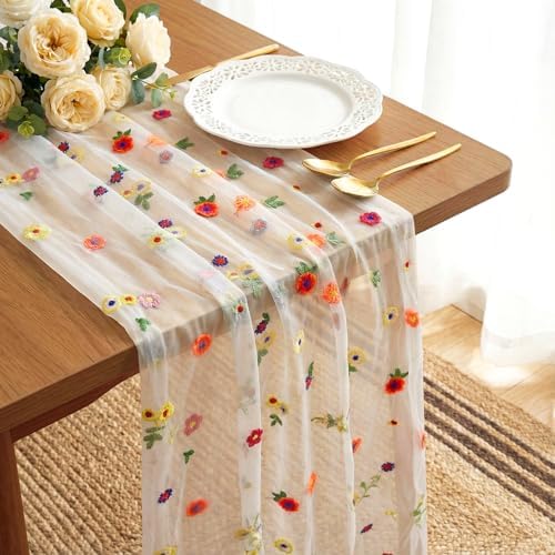 VAIPI Embroidery Floral Table Runner Rustic Spring Summer Wildflower Tulle Table Runner Vintage Flower Tabletop Runners Decoration for Home Wedding Party, 108 x 24.5 inch (Multicolor Flowers) by VAIPI