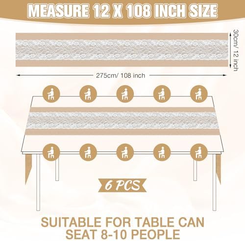 Xinnun 6 Pcs Burlap Table Runners with Lights Lace, 12 x 108 in, Flower - Image 2