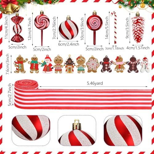 Halfchet 43 Pcs Gingerbread Ornaments for Christmas Tree Ribbon Candy Gingerbread Figurine Pendants Santa Claus Christmas Tree Red and White Hanging Decorations Ornaments for Holiday Party - Image 3