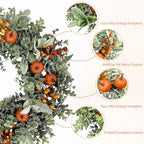 20-22" Fall Eucalyptus Wreath with Pumpkin, Front Door Farmhouse Home Decor - Image 2