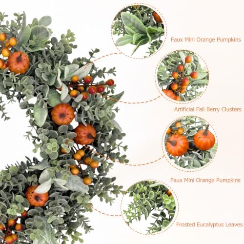 20-22" Fall Eucalyptus Wreath with Pumpkin, Front Door Farmhouse Home Decor - Image 2