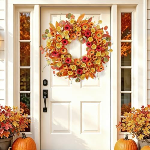 Harvest Fall Wreaths for Front Door 22 Inch Autumn Daisy Wreath Wall Decor - Image 2