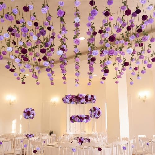 Lyrow 60 Pack Lavender Purple Artificial Flower Hanging Ornaments Purple Roses Floating Garland Moody Vintage Mauve Wedding Lilac Boho Cottagecore Ceiling Garland Bridal Shower Bouquet Table Decor - Image 5