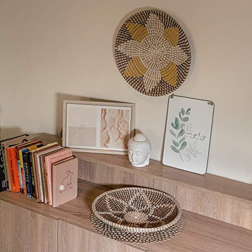 Woven Wall Decor Seagrass Handmade Boho Hanging Wall Basket, Woven Fruit Basket Bowl, Home Living Room Wall Decor, Decorative Wicker Wall Basket, Rattan African Flat Basket (Black Flower) - Image 5