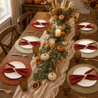 18 Piece 15 Inch Decorative Boho Table Placemats, 6 Set Round Braided Woven Place Mats in Brown Orange Beige White with Rust Napkins and Wood Bead Tassel Rings for Fall Thanksgiving Dining - Image 6
