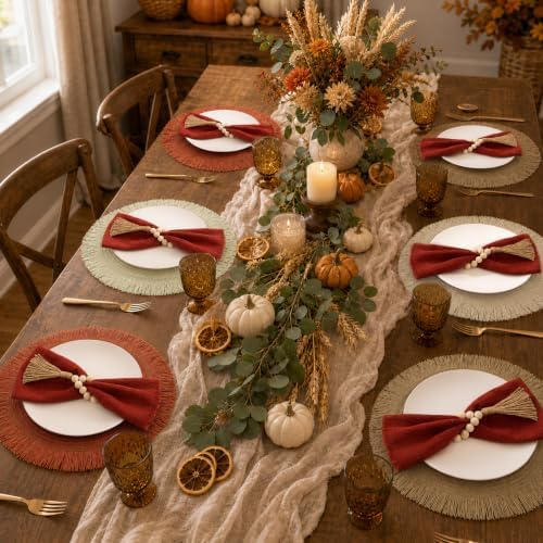 18 Piece 15 Inch Decorative Boho Table Placemats, 6 Set Round Braided Woven Place Mats in Brown Orange Beige White with Rust Napkins and Wood Bead Tassel Rings for Fall Thanksgiving Dining - Image 6