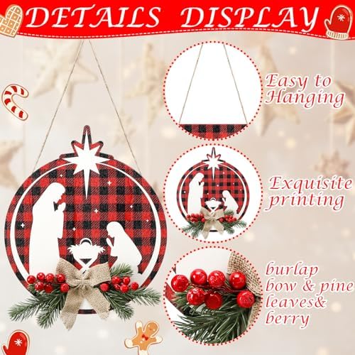 Soaoo 1 Set of 3 Pcs Christmas Joy Sign Buffalo Plaid Christmas Wreaths Rustic Burlap Wooden Hanging Front Door Decorations for Xmas Home Outdoor Window Indoor Porch Holiday Wall Decor Party Supplies - Image 3