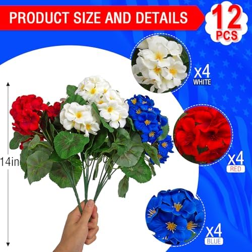 Hananona 12 Pcs Artificial Geranium Flowers for Outdoors Geranium Silk Red White Blue Flowers Outdoor UV Resistant Plants Faux Patriotic Flowers for 4th of July Home Decor (12, RedWhiteBlue) - Image 2