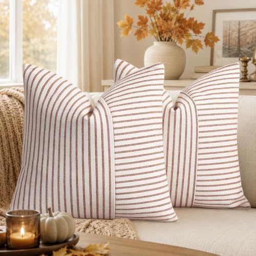 YCOLL Farmhouse Fall Pillow Covers 26x26, Modern Accent Square Throw Pillow Covers Set of 2, Rust and Beige Striped Patchwork Linen Decorative Cushion Covers for Couch Chair Bedroom Fall Decorations by PillowCoversExpert