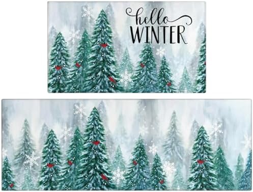 Winter Kitchen Rugs and Mats for Floor Set of 2,Merry Christmas Pine Trees Snowy Forest Red Cardinal Birds Xmas Holiday Sink Mat Non Skid Washable for Home Farmhouse Decor 17"x48"+17"x30" by Xsinufn