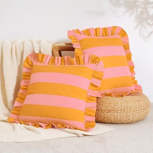 MONDAY MOOSE Decorative Throw Pillow Covers, Set of 2 Water-Resistant Striped Design with Ruffle Edge for Outdoor/Indoor Use, Pillow Inserts Not Included (22x22 inch, Light Pink/Honey) by MondayMoose