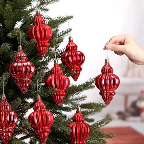 Red 8 Pcs 5.1 Inch Vintage Shatterproof Finial Christmas Ornaments - Image 5