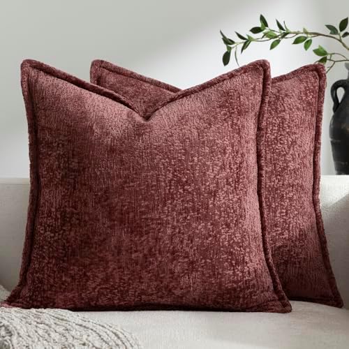 DEZENE Pack of 2 Christmas Burgundy Fall Euro Shams Pillow Covers 26x26 Cozy Soft Chenille Decorative Throw Pillow Covers Accent Vintage Square Couch Pillow Covers for Home Decor Bed Sofa Living Room by DEZENE