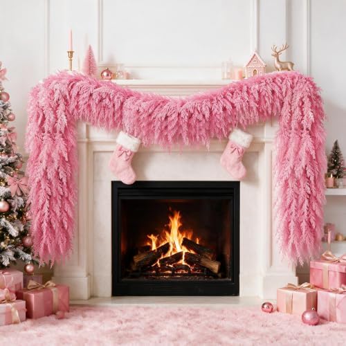 12FT Pink Christmas Cedar Garland, Realistic Artificial Garland, Soft Pastel Xmas Decorations Indoor Outdoor, Faux Holiday Garland for Mantle, Fireplace, Table, Door, Wedding Party Decor by Unknown