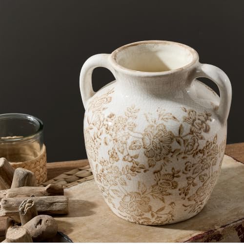 Ceramic Vintage Vase, Utensil Holder, Flower Decorative Vase with Handles, Chinoiserie Decor Rustic Farmhouse Retro Floral Vases for Table Bookshelf Mantel Kitchen Living Room Office - 6.7” Brown 018 by ooit